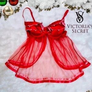 Victoria's Secret RARE Y2K Red Sheer Babydoll Lingerie with Jingle bells
